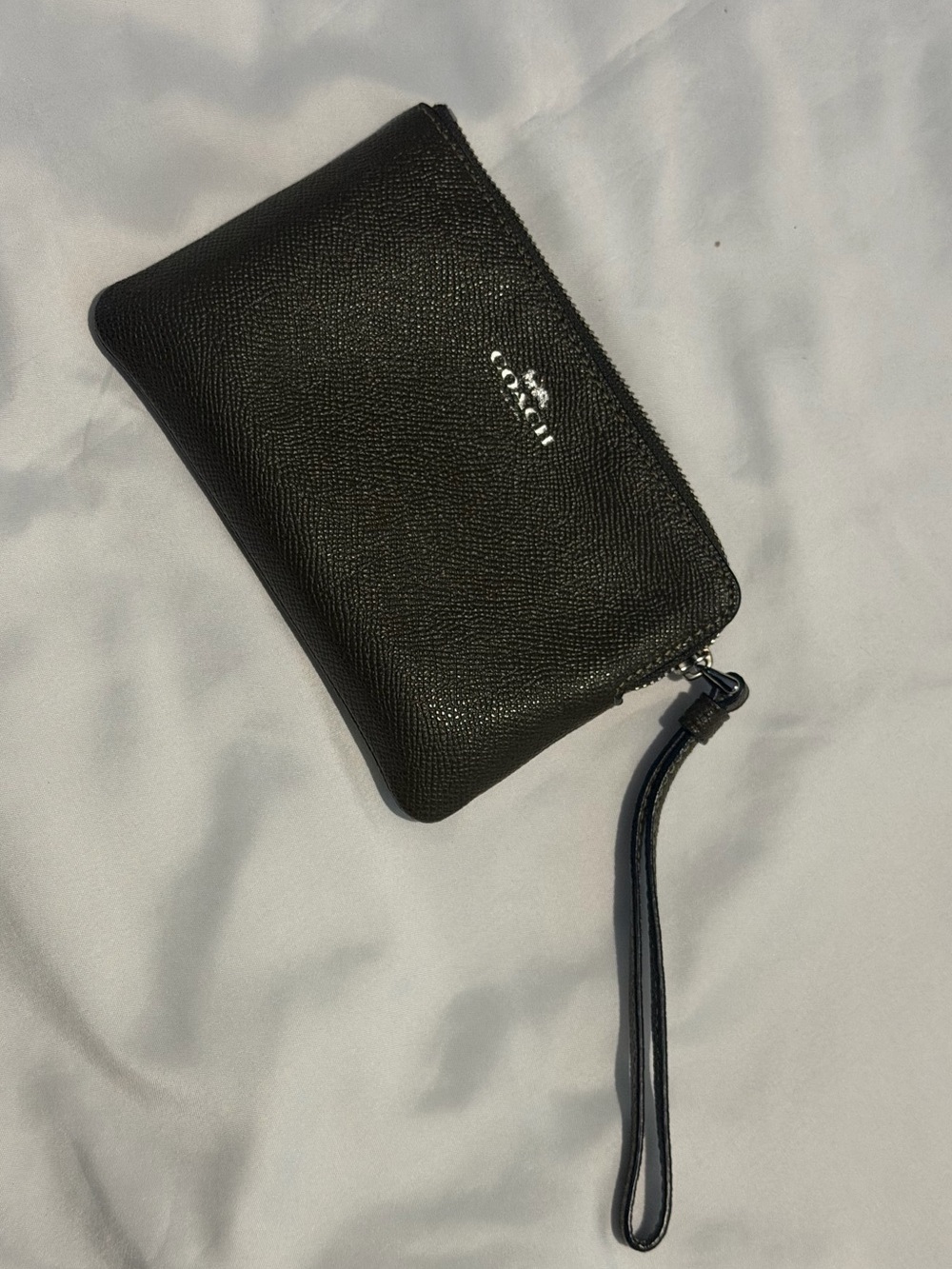 Coach Olive Green Pebbled Leather Wristlet with Strap
